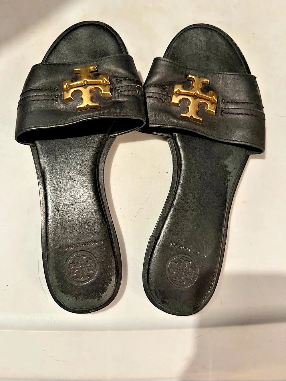 Tory Burch Double T Sport Slide Black Leather Sandals US 8.5
